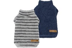 Fitwarm 2 Pack Striped Fleece Dog Sweater, Warm Winter Dog Clothes for Small Dogs Boy Girl, Fuzzy Pet Outfit, Doggy Pullover Jumper, Grey, Navy, Medium