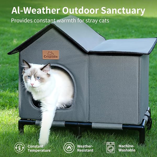 CRISPEDIA WEATHERPROOF HEATED CAT HOUSE FOR OUTDOOR IN WINTER, ELEVATED OUTDOOR CAT SHELTER FOR FERAL CAT, INSULATED CAT BED FOR OUTSIDE STRAY CAT KITTY, 20X13X16 INCHES, GREY, HEATED
