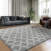 Puremy 8x10 Area Rugs for Living Room, Fluffy Shag Rugs for Bedroom, Non-Slip Indoor Carpet for Kids Room, Nursery, Home Decor, Geometric, Light Grey/White