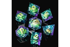 Beholder's Dragon Eye DND Dice Set,Sharp Edge Liquid Core Resin Handmade Cat Eye Dice with Gift Box 7 PCS for Role Playing Du