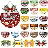 Vicenpal Interchangeable Welcome Sign for Front Door with 17 Magnetic Icons, Wooden Seasonal Front Porch Door Decor with 4 Seasonal Wreaths and 17 Changeable Icons for Holiday Party