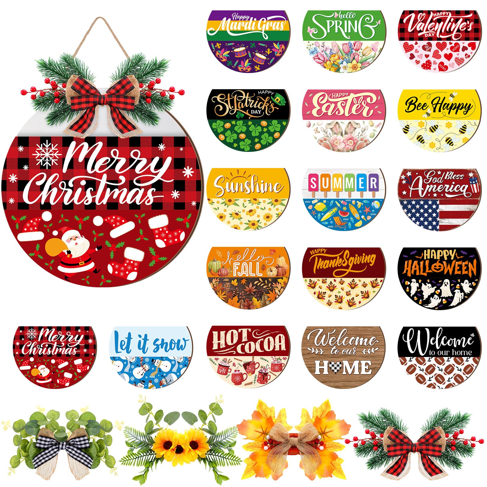 Photo 1 of ***MISSING PIECES*** Vicenpal Interchangeable Welcome Sign for Front Door with 17 Magnetic Icons, Wooden Seasonal Front Porch Door Decor with 4 Seasonal Wreaths and 17 Changeable Icons for Holiday Party