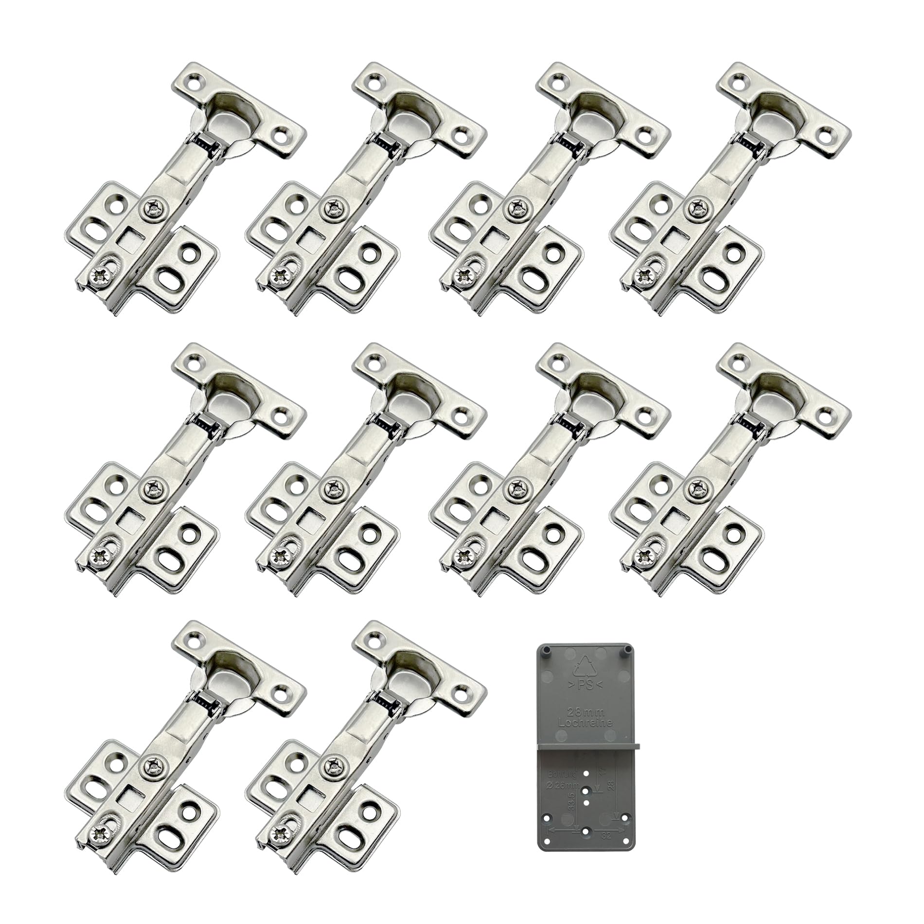 LOOTICH 90 Degree Half Overlay 26 mm Soft Close Hinge with Hydraulic Damper for Kitchen Cabinet Cupboard Wardrobe Light Door Automatic Hinges with Cushioning Pack of 10 with Drilling Template