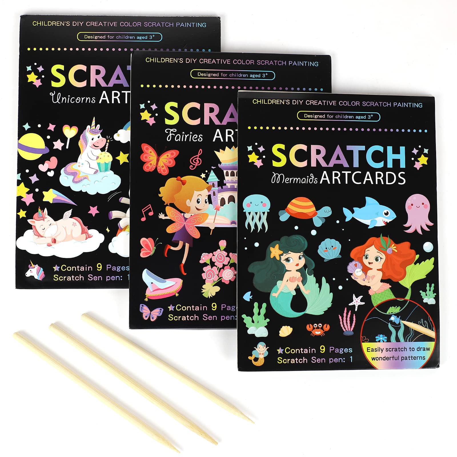 OPUHOHR 3 SET Magic Scratch Paper Art, Colorful Magic Drawing Art Book with 3 Scratch Pen for Birthday Halloween Christmas Party Games Projects Kits (Unicorn/Mermaid/Princess)
