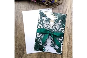 GENERIC 25PCS Laser Cut Wedding Invitations Cards with Envelopes,Blank Inner Sheets,Ribbons for Wedding Bridal Shower Quinceañera Engagement Birthday Invites (pearl emerald green)