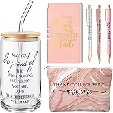 Funnymoom 6 Pcs Valentines Employee Appreciation Gifts Set for Women Coworkers Thank You Gifts, Difference Maker 17 oz Glass Cup Inspirational Makeup Bag Journal for Teacher Nurse(Marble,Pink)