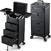 Stagiant Rolling Makeup Case with Drawers Cosmetology Case on Wheels 4 IN 1 Makeup Case 3 Drawers with Foot Stand Spring-release Mechanism Rolling Make Up Organizer for Artist Salon Nail Teach Trunk