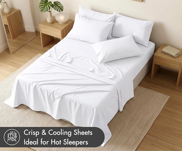 RUVANTI 100% COTTON PERCALE SHEETS, QUEEN SIZE, 6 PIECE SET, BRIGHT WHITE