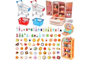 FUNCREVITY 138 PCs Mini Shopping Cart Basket Miniature Food Drink Bottle Supermarket Metal Handcart Toy Doll House Store Dollhouse Grocery Trolley Model Dollar Bills Small Shelves Mimi Refrigerator Cash Register