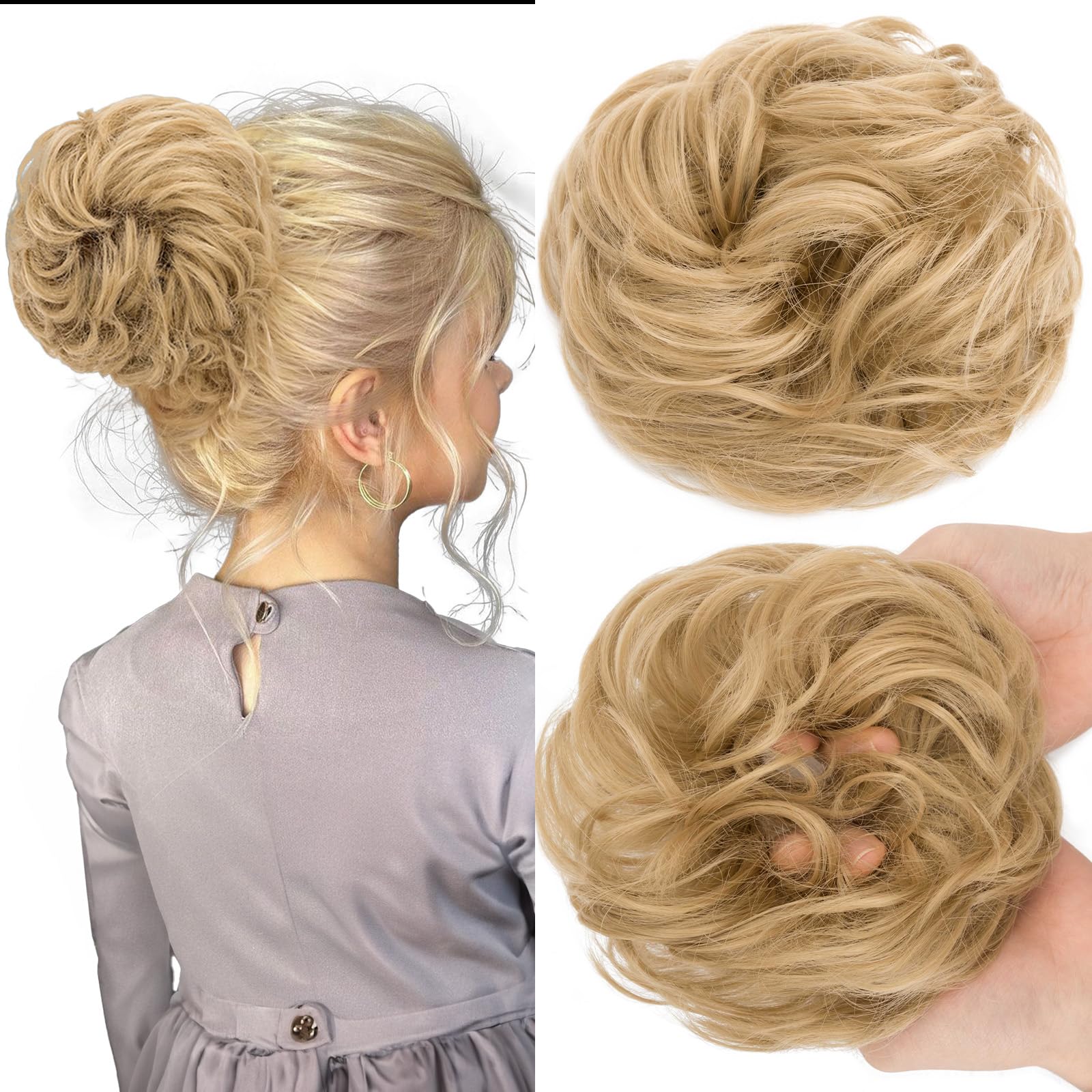 SEGOHAIR Messy Bun Hair Piece Fake Hair Bun Hair Scrunchies Bun - Lightweight 25g Synthetic Hair Bun Piece for Women, Ash Blonde Curly Wavy Elastic updo Scrunchy Bun