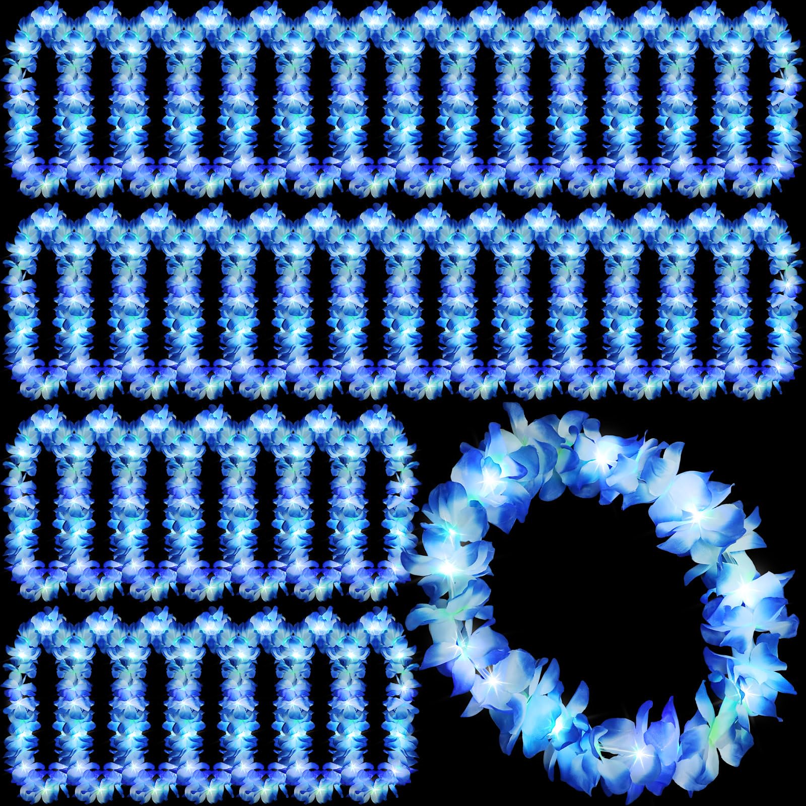 Photo 1 of Sherr 24 Pcs LED Leis Light Up Wedding Hawaiian Leis Flower Necklace Hawaiian Leis with LED Lights Beach Tropical Carnival Party Wedding Supplies Luau Leis for Masquerade?Blue?