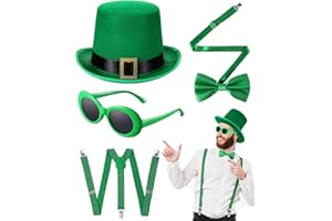 Cozypower Set of 4 St. Patrick's Day Irish Leprechaun Costume Green Top Hat Retro Sunglasses Bow Tie Suspender Strap for Cosplay Spirit Week