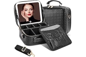 DESCHEN Travel Makeup Bag with Led Mirror, Makeup Organizer Cosmetic Train Case, PU Leather Makeup Case with 3 Light Modes & Dimmable Touch Control, Portable Make Up Box Water-Resistant (Black)