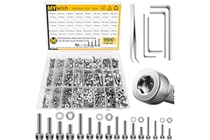 Mywish 900Pcs M3 M4 M5 M6 Metric Screw Assortment, 304 Stainless Steel Nuts and Bolts, Hex Socket Head Cap Metric Bolts/Nuts/Flat Washers Kit Anti Rust 16 Sizes 8mm to 20mm, Hex Wrenches