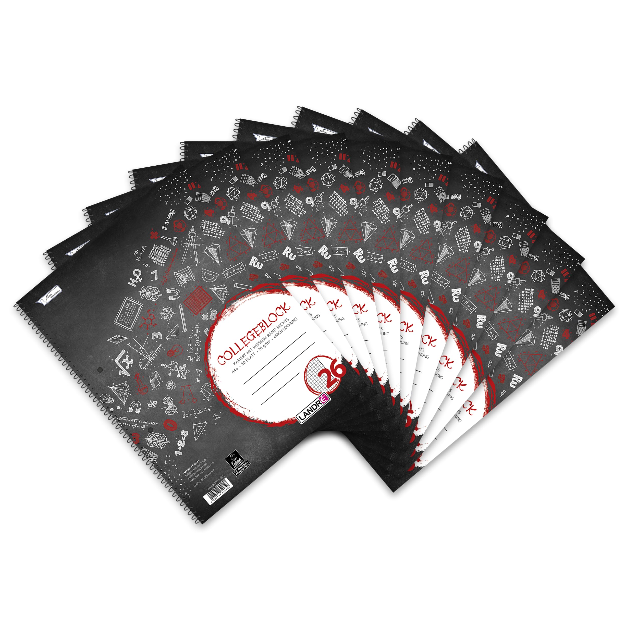 Landre 100050568 Graph Paper Notebook A4 80 Pages 70 g/m² (Pack of 10 Spiral-Bound Notepad "College", A4 Rip-Out, 80 Sheets, Chequered/Margin On The Right