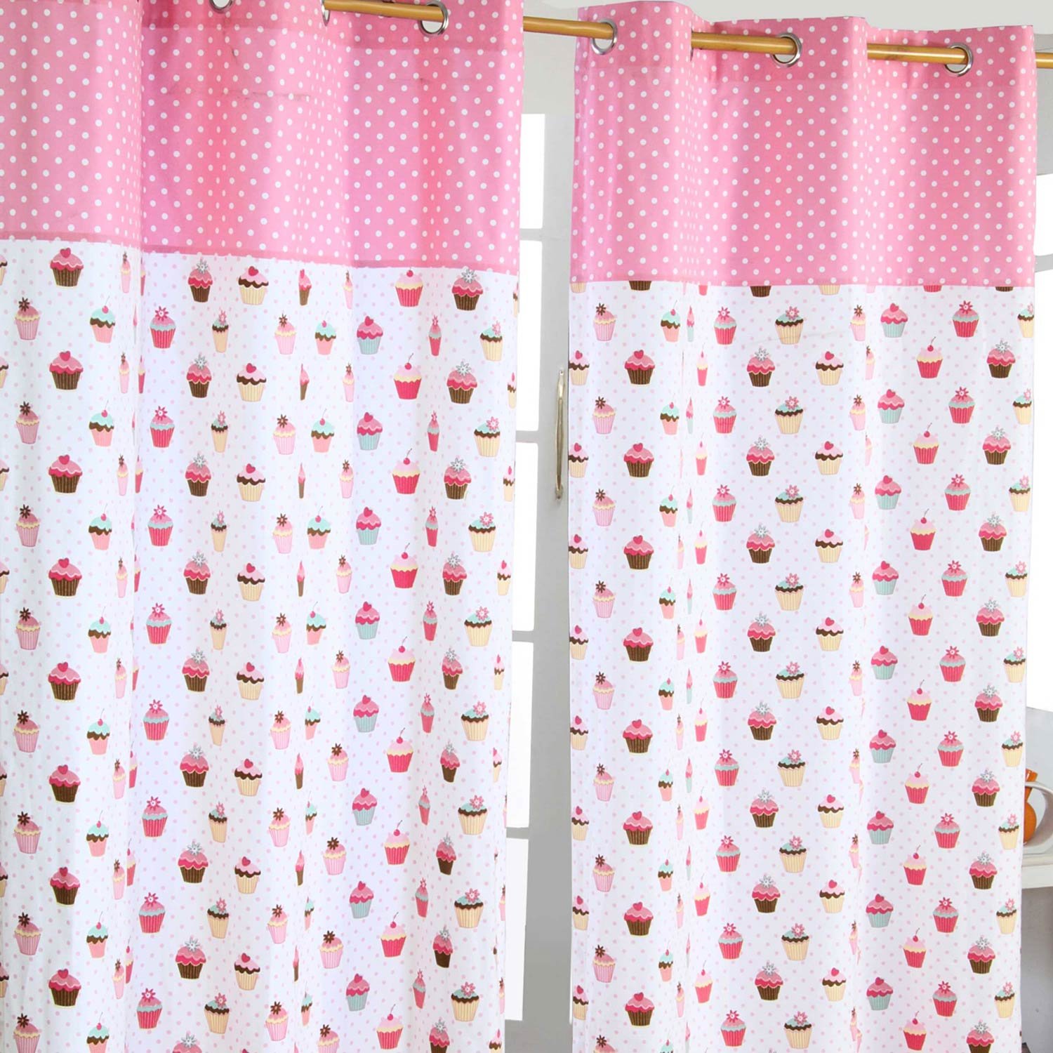 HOMESCAPES 100% Cotton Unlined Eyelet Curtain Pair - Cup Cakes - Red Pink Blue - 117cm (46") Wide x 137cm (54") Drop