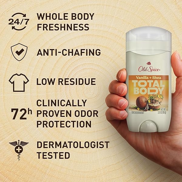 OLD SPICE WHOLE BODY DEODORANT STICK FOR MEN, ALUMINUM FREE, VANILLA + SHEA SCENT, 24/7 ODOR PROTECTION, 24/7 LASTING FRESHNESS, DERMATOLOGIST TESTED, GENTLE ON SKIN, SAFE TO USE ALL OVER, 3.0 OZ