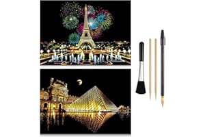MIASTAR Scratch Paper Rainbow Painting Sketch Pads DIY Art Craft Night View Scratchboard for Adults and Teens - Scratch Painting Creative Gift - 2 Packs & Pen, Clean Brush, 16” x 11.2” (Paris/Louvre)