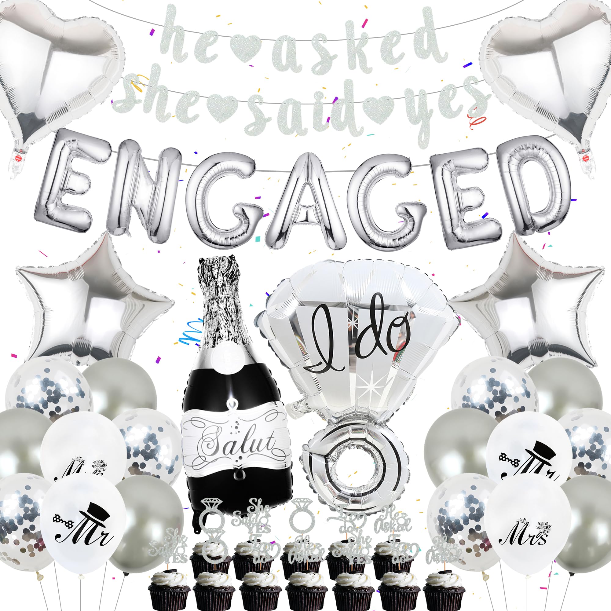 FeteDecor Engagement Party Decorations - Silver Engagement Balloons, She Said Yes Banner, Ring Balloons, Cupcake Topper, Engagement Wedding Party Supplies