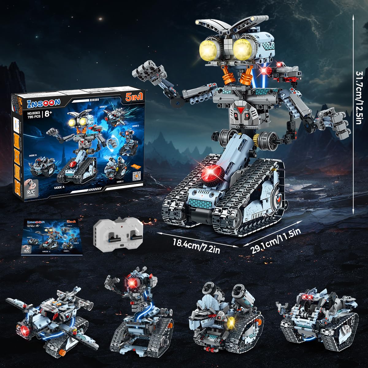 INSOON Technik Roboter Bauspielzeug mit Lichtern, 5-in-1 Roboter Klemmbausteine mit APP-& Fernbedienung, RC Panzer Bausteine 795 Stück, Lernspielzeug Geschenk für Kinder Jungen Mädchen ab 8 Jahren+ 9