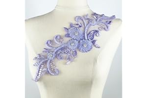 YOOGCORETT 1PC Purple 3D Applique Flowers Lace Patch Sew on Embroidery Beaded Rhinestone Lace Trim Applique for DIY Sewing Clothing Wedding Dress Handmade Decor 14.5"x 4.3"Inch