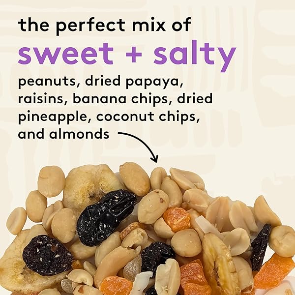 SNAK CLUB TROPICAL TRAIL MIX WITH PEANUTS, DRIED PAPAYA, RAISINS, BANANA CHIPS, DRIED PINEAPPLE, COCONUT CHIPS, AND ALMONDS, GLUTEN-FREE AND KOSHER SNACK, 16 OZ RESEALABLE BAG