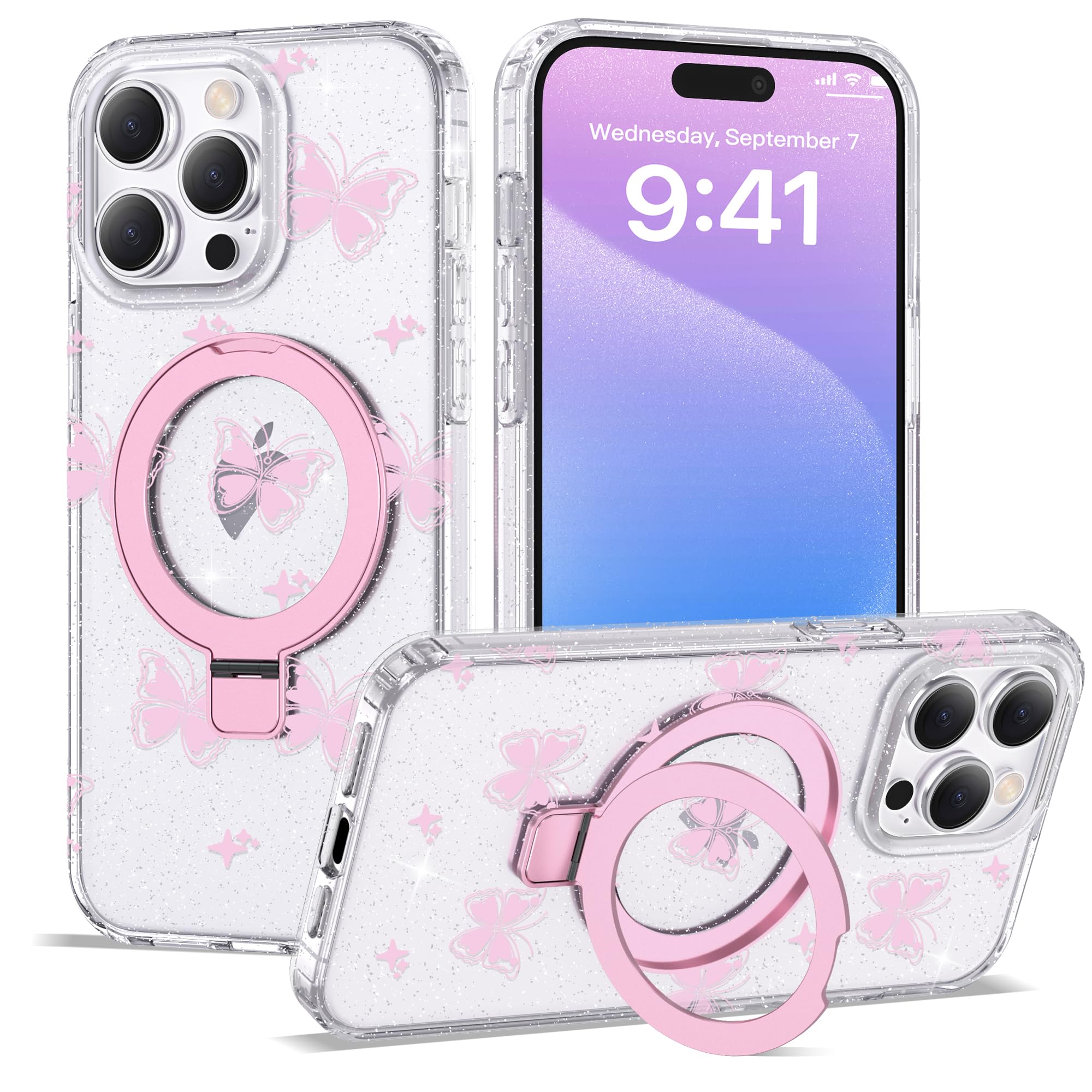 ETPESOK Compatible with iPhone 15 Pro Case Clear Pink Butterfly Pattern Design with Magnetic Ring Stand [Compatible with Mag-Safe] Cute Soft TPU Shockproof Protective Phone Case for Women Girls, Pink