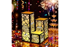 VIHOSE 12 Sets Happy New Year Centerpieces for Table 2026 New Years Lanterns with Candle Black and Gold Glitter Table Decorations for 2026 Eve Party Decoration Supplies
