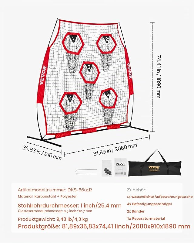 Fußballtrainer Wurfnetz Übungsnetz (208 x 91 x 189 cm) mit 5 Zieltaschen & tragbarer Aufbewahrungstasche & Gurten & knotenlosem Netz, Training für die Passgenauigkeit des Quarterbacks, rot