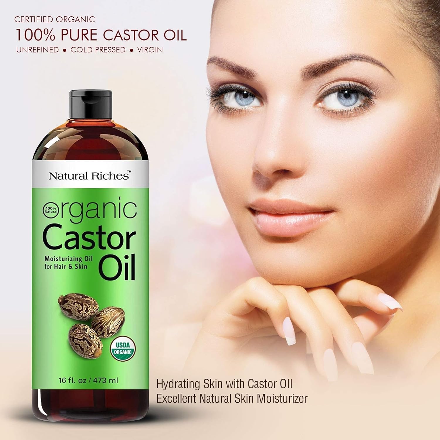 Organic Castor Oil Cold pressed USDA Organic certified pure for Dry Skin, Hair Loss, Dandruff & Thick Hair - Moisturizes heals Scalp, Skin, Hair growth, Thicker Eyelashes & Eyebrows - 16 fl. oz. Natural Riches : Beauty