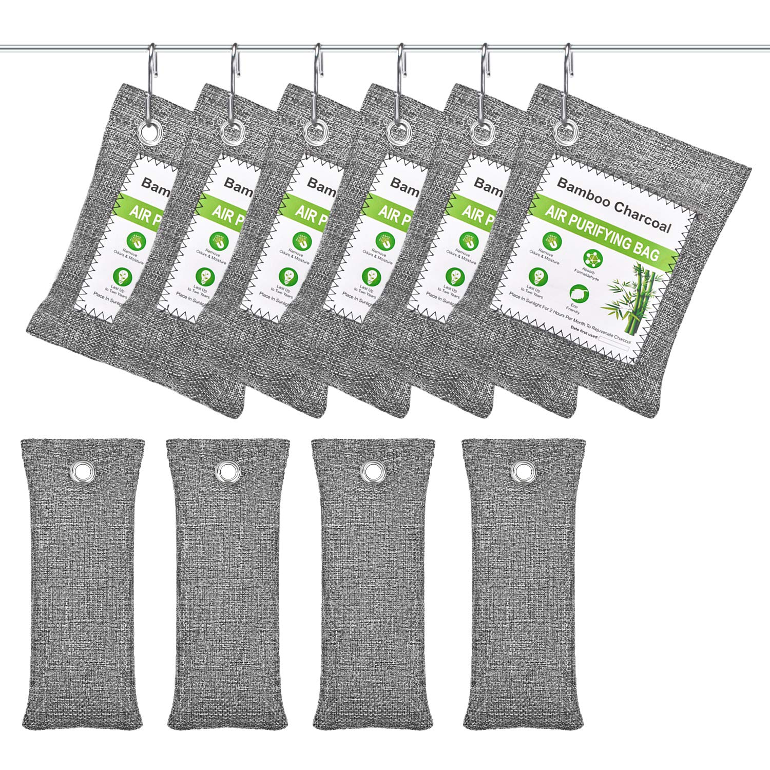 10 Pack Bamboo Charcoal Air Purifying Bag with 6 hooks, Nature Fresh Air Purifier Bags, Activated Charcoal Bags Odor Absorber for Room, Car Pet, Shoes, Gym Bag, Closet