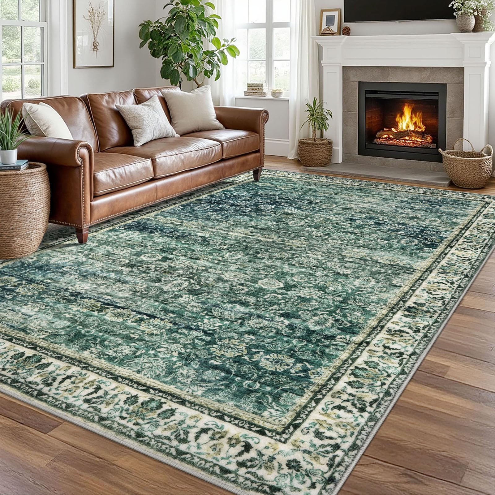 SIILOOM 8x10 Area Rug Green Blue, Vintage Floral Large Washable Rugs for Living Room Non-Slip Ultra Soft Bedroom Tribal Traditional Farmhouse Carpet for Dining Room Office Home Décor Image SIILOOM 8x10 Area Rug Green Blue, Vintage Floral Large Washable Rugs for Living Room Non-Slip Ultra Soft Bedroom Tribal Traditional Farmhouse Carpet for Dining Room Office Home Décor Image