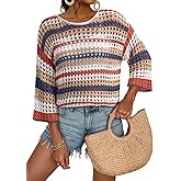 Dokotoo Womens Spring Summer 3/4 Sleeve Crochet Sweater Hollow Out Color Block Striped Tops Casual Beach Vacation Cover Ups