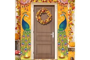 AEHHDL Happy Diwali Porch Banner,Indian Diwali Peacock Front Door Porch Welcome Sign Deepavali Festival of Lights Decorations for Home Doorway-12×71'' (Gold)