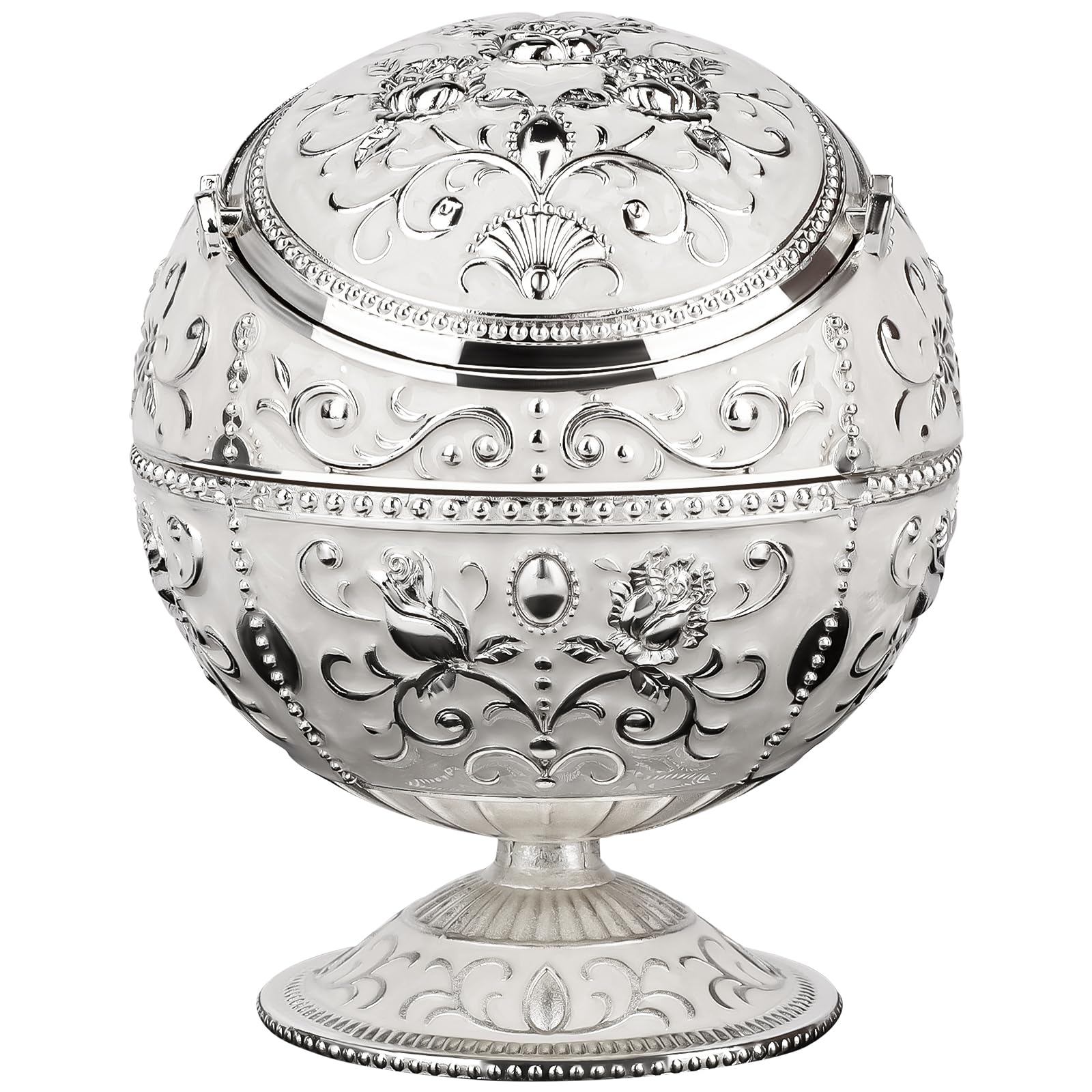 Kepfire Silver Metal Ashtray with Lid,Windproof Portable Ashtray for Indoor Outdoor Use,Pattern Carving Ashtray for Home Office Decoration