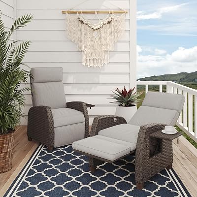Grand patio Outdoor Reclining Chairs with Extended Footrest 2-Piece Adjustable Patio Wicker,Lounge Recliner up to 150° with Flip Side Table, Mist Grey