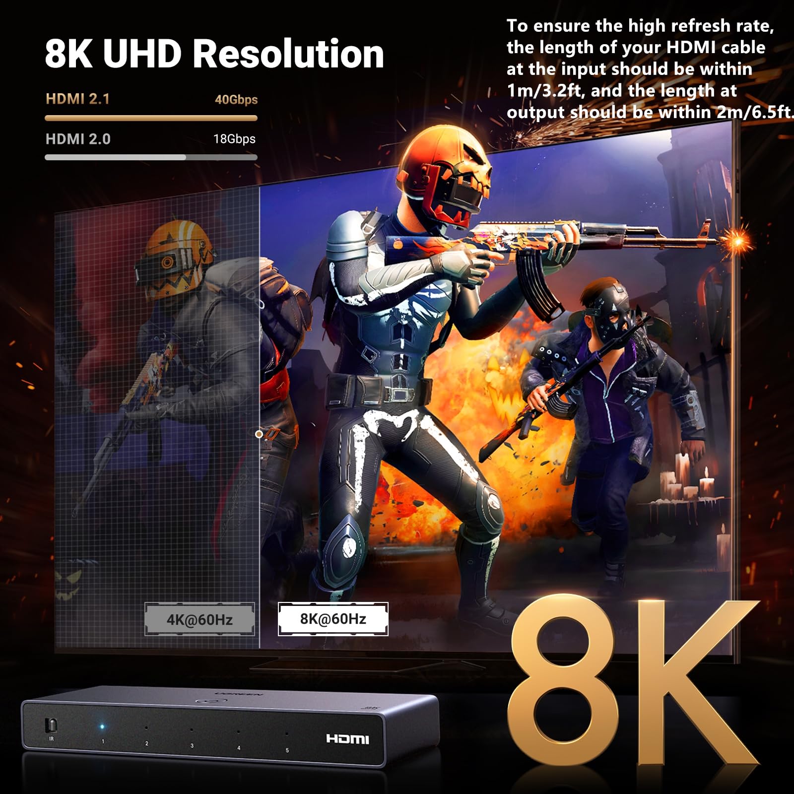 UGREEN 8K@60Hz HDMI Switch 5 in 1 Out Aluminum Support 4K@240Hz HDR10+ HDCP 2.3 CEC HDMI 2.1 Switcher Splitter with Power Adapter Compatible with PS5/4 Xbox Nintendo Switch Roku Apple TV Fire Stick