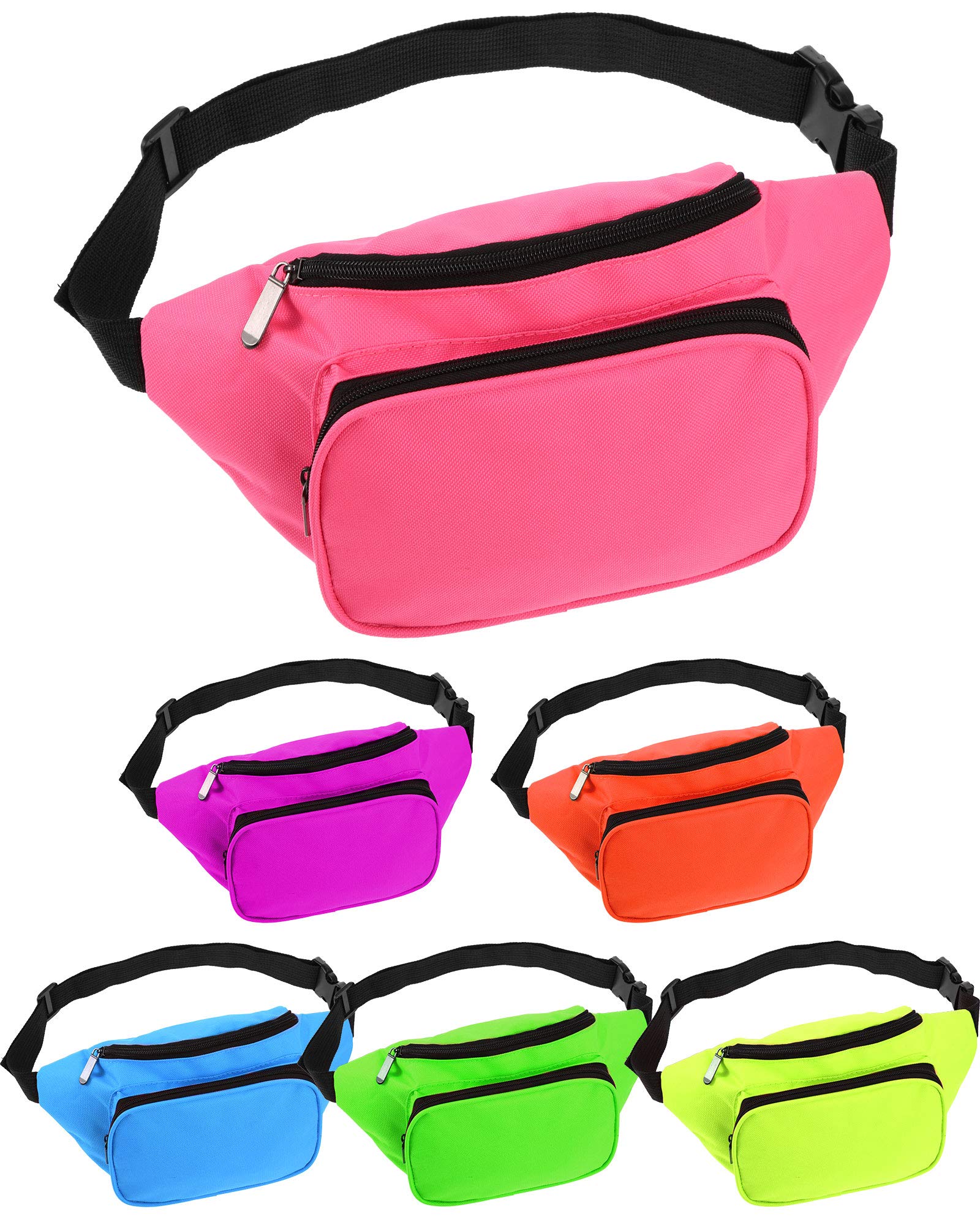 Weewooday 6 Pieces Neon Fanny Bag Adjustable Waist Bag 80s Party Fanny Pack 2 Zippers Travel Running Fanny Pack for Outdoor Rave Party Women Men (6 Colors)