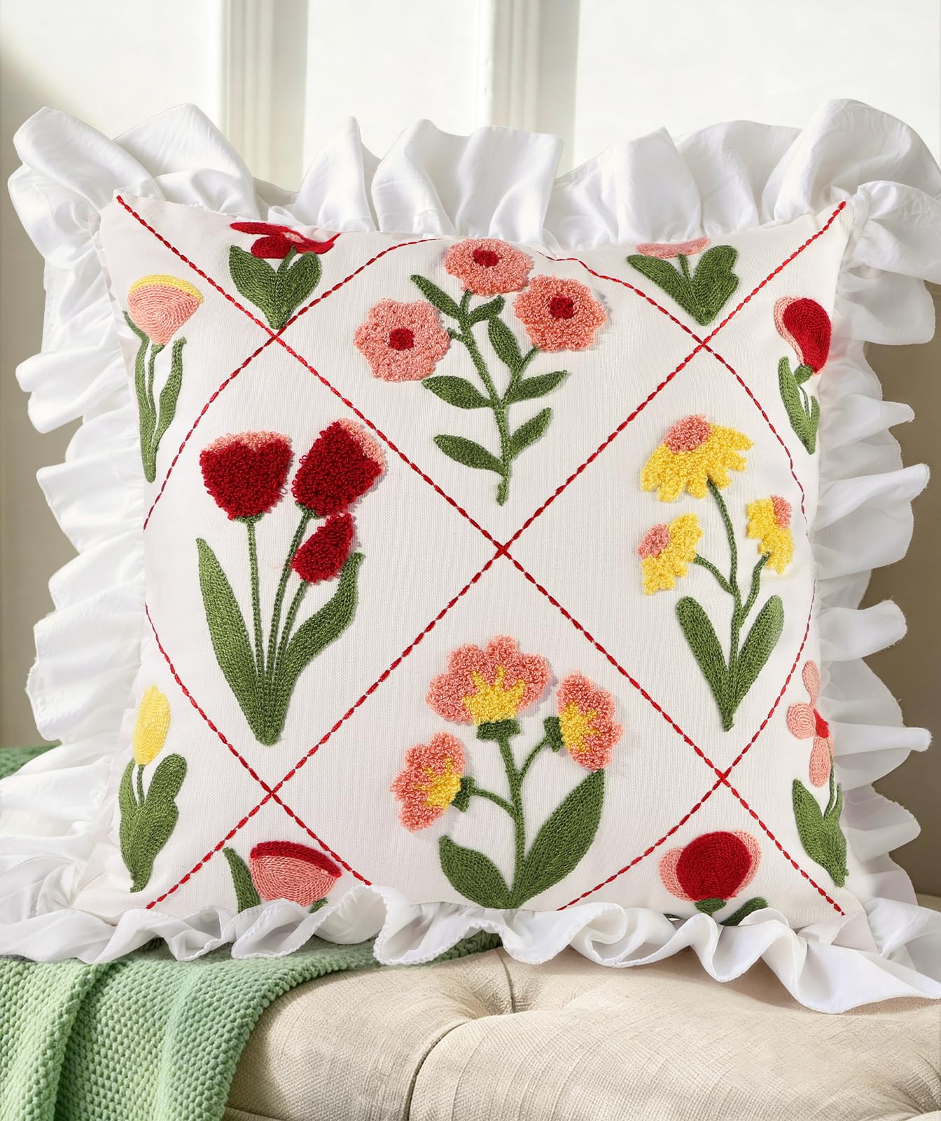 Kokaaee Embroidered Throw Pillow Cover - 18x18 Decorative Pillow Cover with Zipper Aesthetic Cute Design Boho Spring Summer Throw Pillowcase for Living Room Couch Sofa Bed, Ruffle Floral