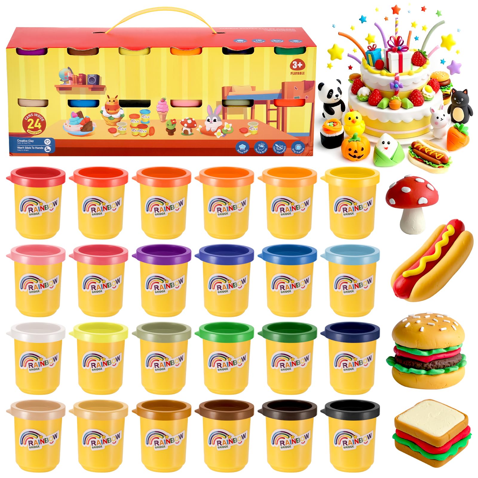 Yimomoyi 24 Tins Play Color Dough Modelling Set 24Colours Modelling Clay Set, Plasticine Modelling Clay for Kids, Multicolour Playdough, Coloured Clay Plasticine for Kids' Arts and Crafts, 50g/Tins