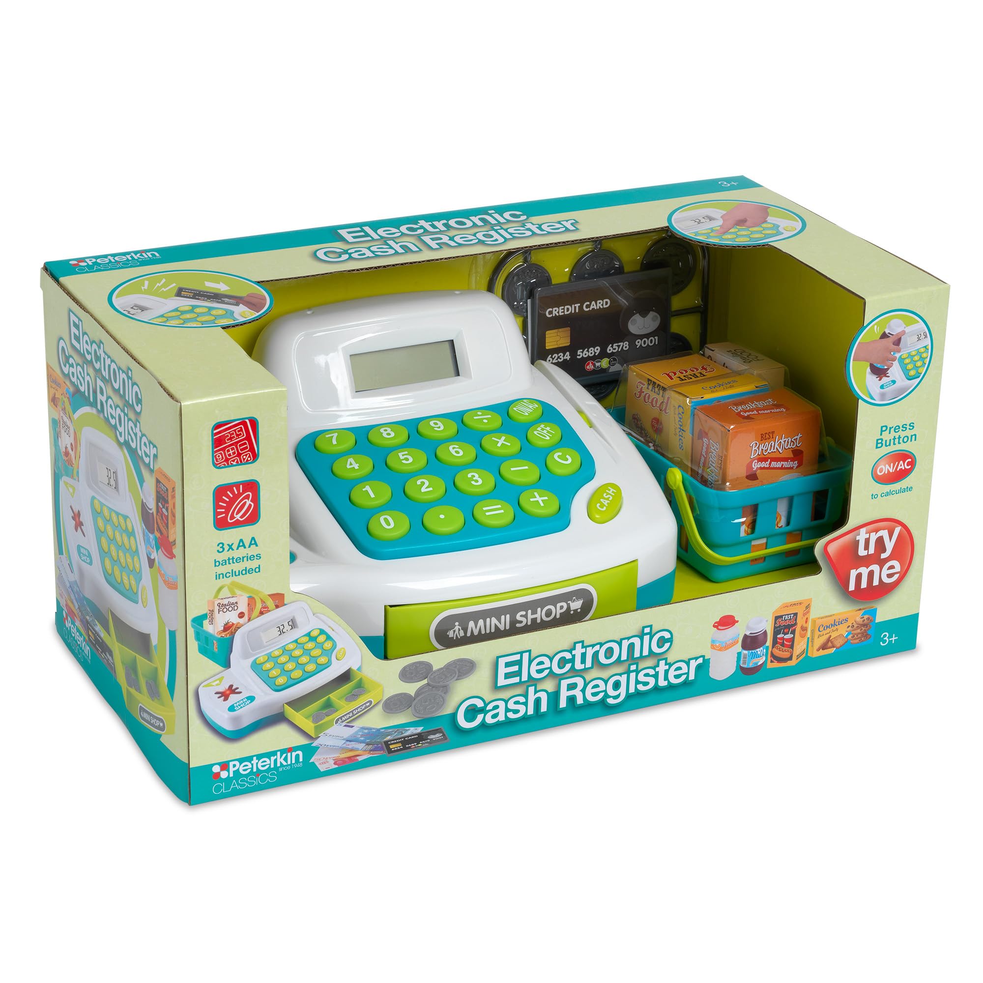 PETERKIN | Children's Electronic Cash Register Toy | Colourful Cash Register with working calculator, cash drawer and grocery accessories | RolePlay Toys | Ages 3+