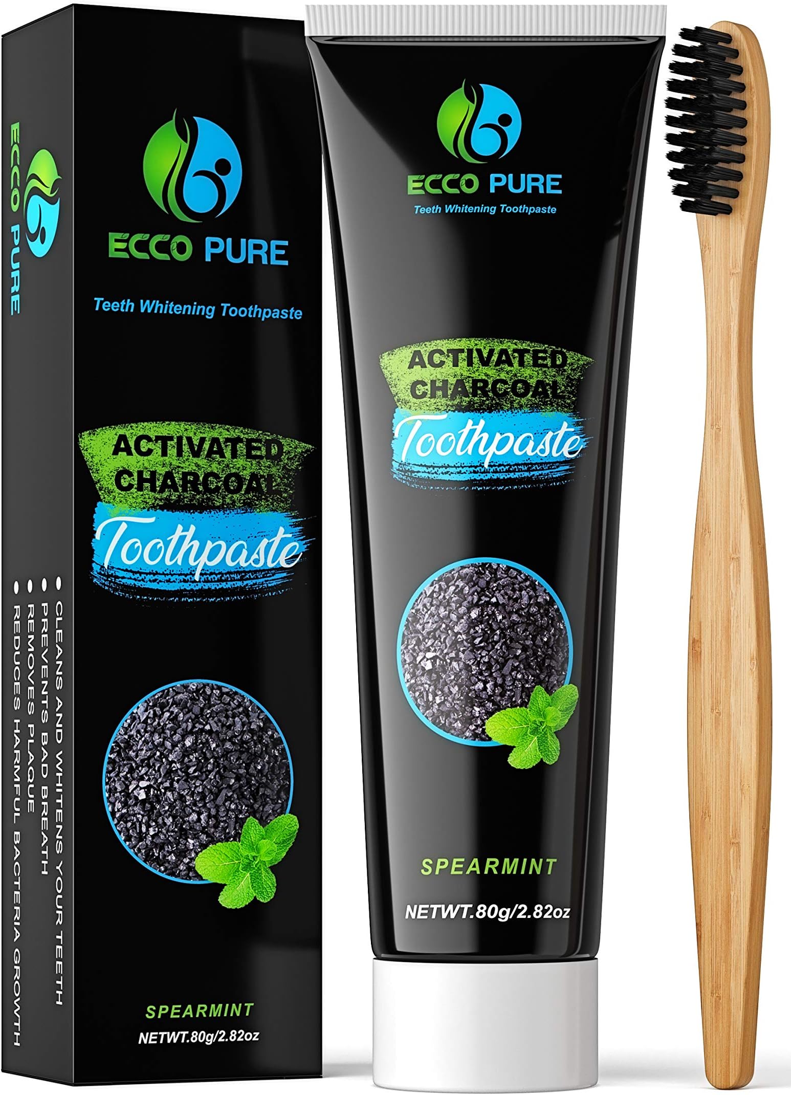 ECCO PURE Activated Charcoal Teeth Whitening Toothpaste + BONUS Bamboo Toothbrush | Eliminates Bad Breath | Easier Than Charcoal Powder, Strips, Kits, Gel