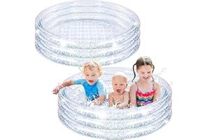 ARROWBASH 2 Pack Inflatable Kiddie Pool for Kids 47 Inch Round 3 Rings Plastic Blow up Pool with Silver Glitter Cushioned Bottom Small Toddler for Backyard Garden,Clear