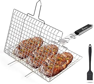 WolfWise Grillkorb Fischbräter, Gemüsekorb Burger Grillwender, Grillrost Grill Basket mit Abnehmbarem Griff, aus 430 Edelstahl, Rostfrei, L