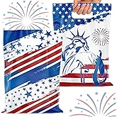 GLURUITE 4th of July Plastic Treat Bags 50pcs Patriotic Gift Bags with Handles for Independence Day Memorial Day Veterans Day Decorations Party Supplies