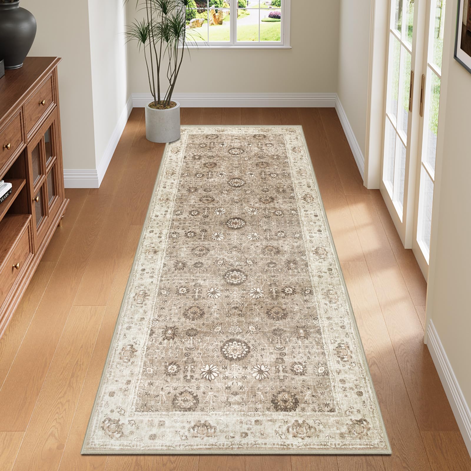 Photo 1 of Capslpad 2x6 Hallway Runner, Brown Vintage Washable Runner Rug, Non-Slip Rubber Backing, Ultra Soft Fabric Stain Resistant Low Pile Runner Rug for Hallways, Kitchen, Entryway, Bedroom, Laundry