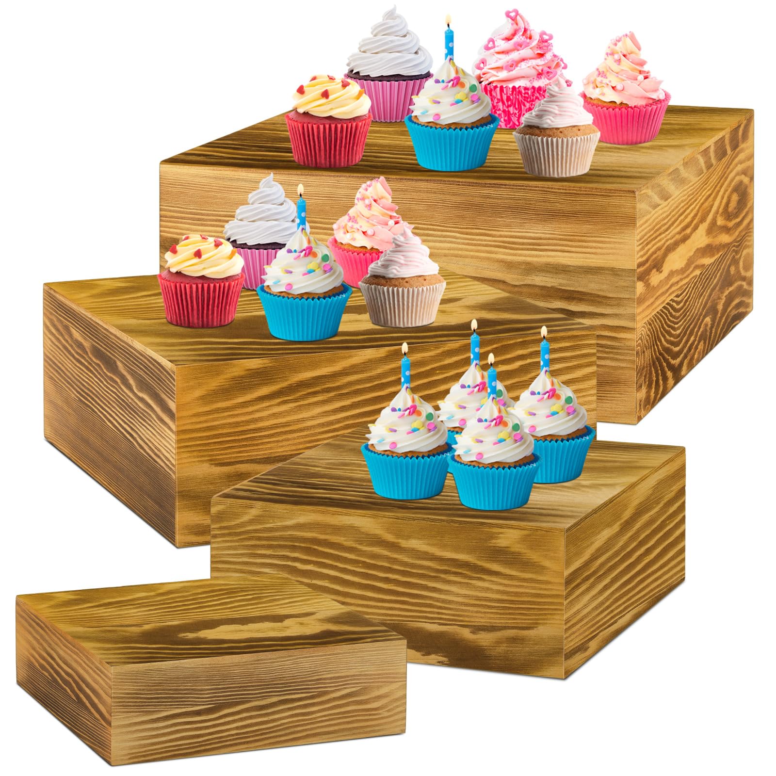Photo 1 of Roowest Set of 4 Wood Display Risers Rustic Cupcake Stand Rustic Wood Cake Stands Wooden Stackable Display Box for Dessert Wedding Birthday Christmas Village Party Decoration(Rustic Brown)