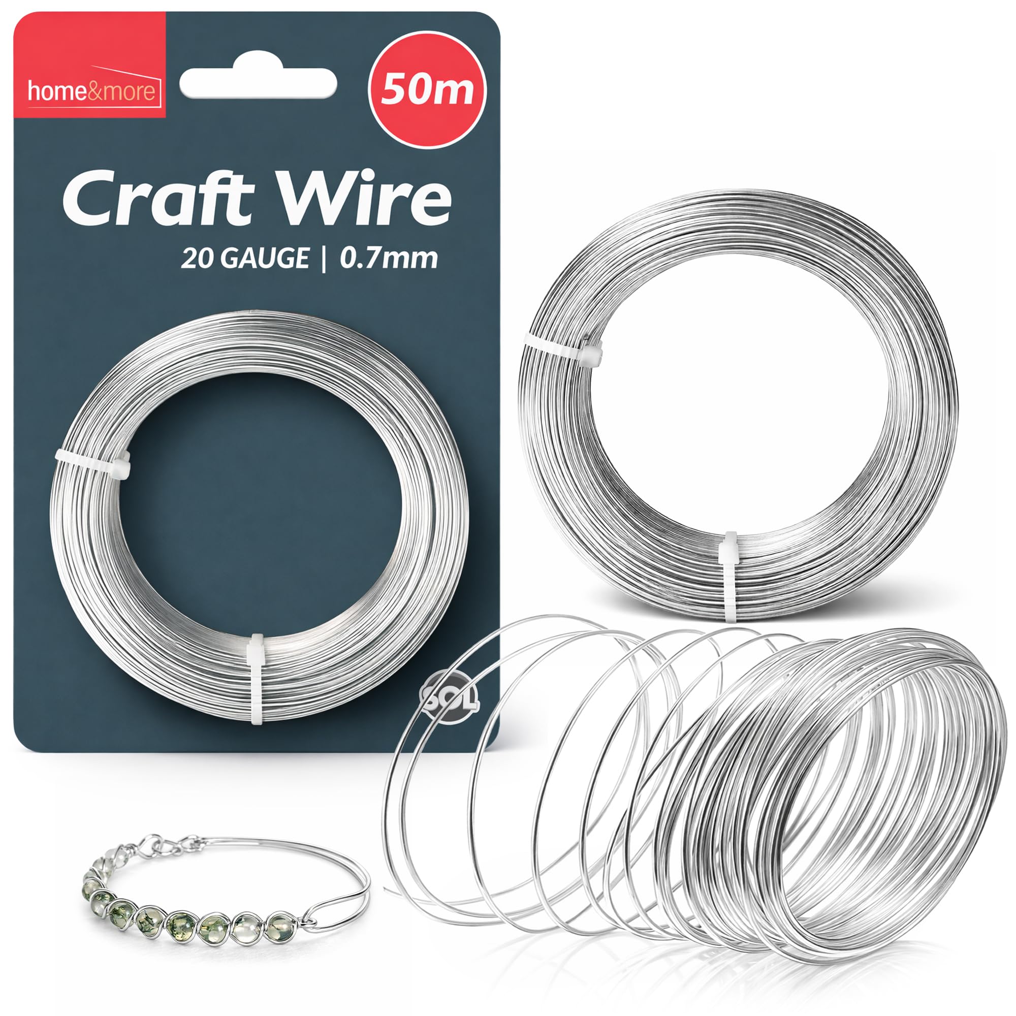 SOL 50m Silver Wire for Jewellery Making 0.7mm Craft Wire 20 Gauge Flexible Metal Coil for Beading Wrapping Sculpting Modelling DIY Art Crafts Decorative Projects Home Studio Use