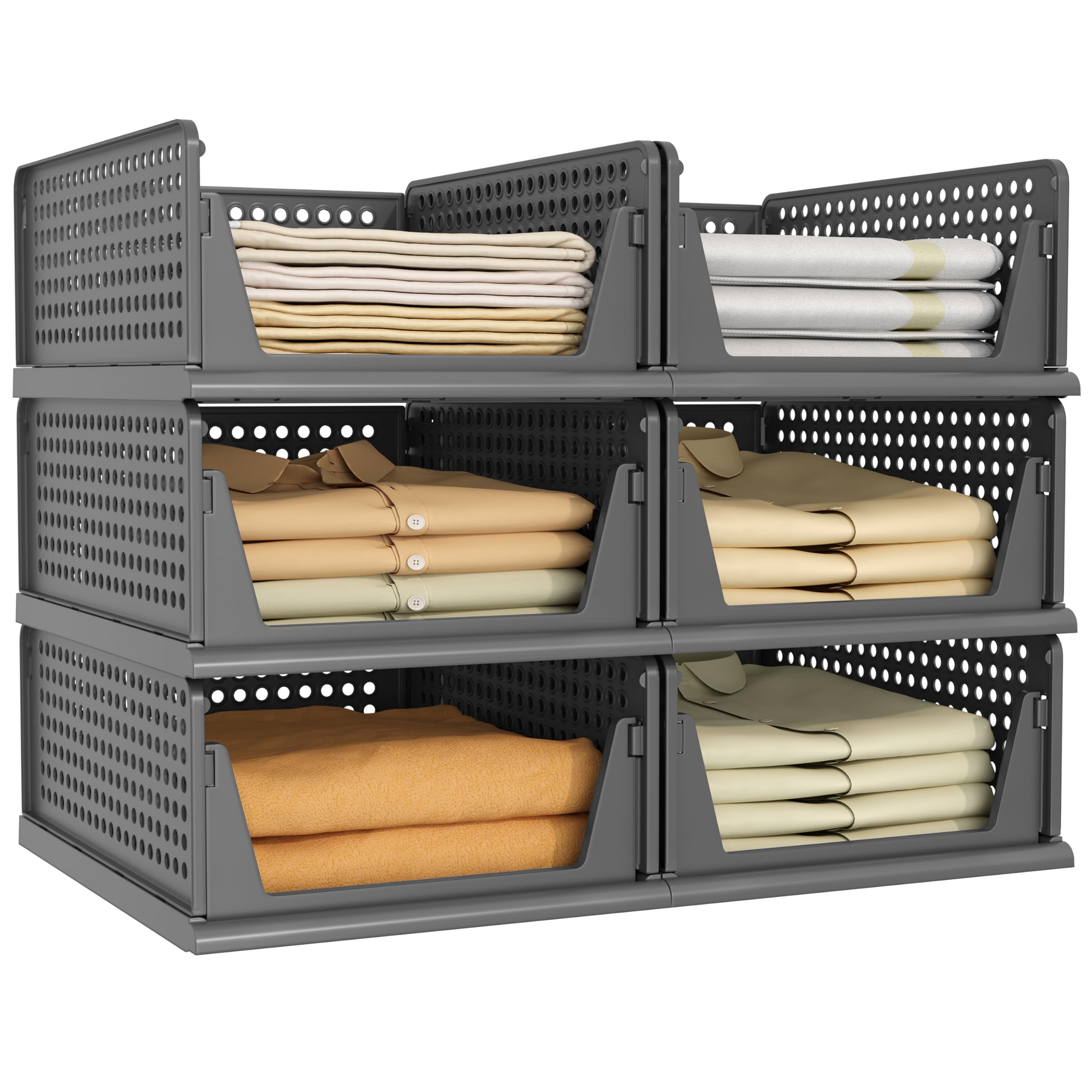 Photo 1 of Pinkpum 6 Pack Closet Organizers Storage Box, Stackable Plastic Drawer Basket for Clothing, Stackable Storage Bins Shelf Storage Container for Closet Wardrobe Bedroom Bathroom Office Black