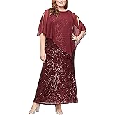 S.L. Fashions Womens Plus Size Long Length Sequin Lace Beaded Capelet Mother of The Bride Dress, Formal Evening Gown